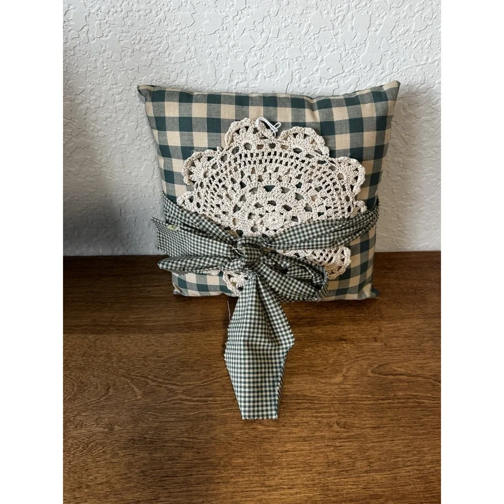 Vintage Handmade Doily Throw Pillow Green Checkered Grandma Cottage Core